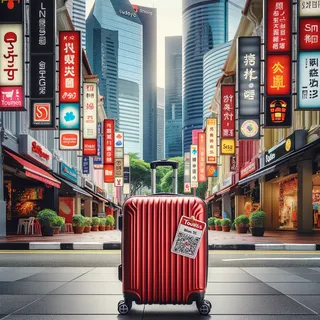 На современных улицах Сингапура красный туристический чемодан на фоне магазинов, выводящих вывески на различных языках.