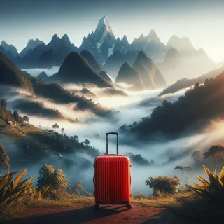 На изображении горы Пхусанг ранним утром, с густым слоем тумана, обволакивающим вершины. На переднем плане ярко-красный туристический чемодан на колесиках. Картинка выполнена в очень реалистичном кинематографическом стиле