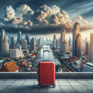 Очень реалистичное изображение красного туристического чемодана на колесиках на фоне панорамного вида современного города Бангкока