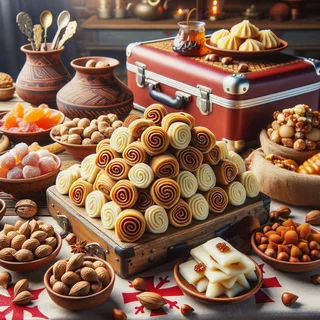 Грузинские ореховые сладости на фоне традиционной кухни, красный чемодан на колесиках