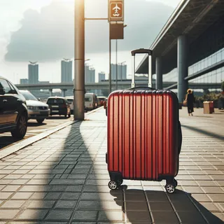 На фоне парковки аэропорта, красный туристический чемодан на колесиках стоит на тротуаре