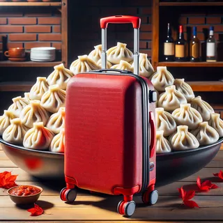 Фотография красного туристического чемодана на колесиках на фоне большого блюда с хинкали