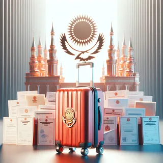 Изображение (не иллюстрация) только в очень реалистичном кинематографическом стиле. На изображении должен присутстовать красный туристический чемодан на колесиках. На изображении не должно быть людей.. Тема изображения: Путь к ВНЖ в Казахстане: требования, документы и процесс