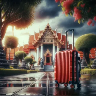 Красный туристический чемодан на колесиках, стоящий на фоне буддийского храма в Таиланде, в кинематографическом стиле