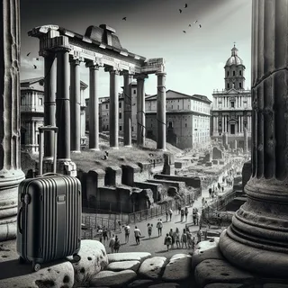 Древнеримский форум и туристический чемодан возле античных колонн, ясное небо