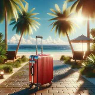 Реалистичное изображение кинематографического стиля с красным туристическим чемоданом на колесиках, стоящим на солнечной тропической пляжной дорожке с пальмами, океаном и ясным голубым небом