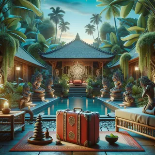 Кинематографический вид спа-релакса на Бали с красным чемоданом на переднем плане, окружённым зеленью и изысканной атмосферой