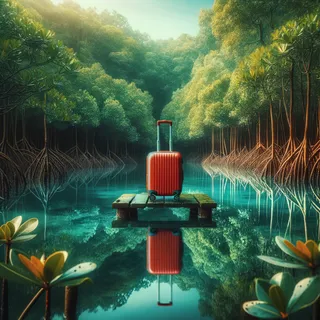 Кинематографическое изображение мангровых лесов на Бали, отражающихся в лазурной воде, в окружении густой зелени, на переднем плане крошечный красный туристический чемодан на колесиках, стоящий на деревянной платформе