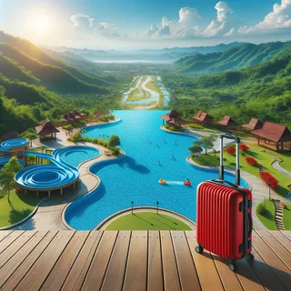 Панорамный вид на аквапарк с голубыми бассейнами и зеленым пейзажем, солнечная погода, красный чемодан на колесиках