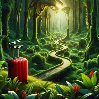 Кинематографическое изображение густого леса в национальном парке Перияр с красным туристическим чемоданом на колесиках, среди разнообразных растительных видов и уютных природных троп
