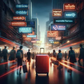 Изображение (не иллюстрация) только в очень реалистичном кинематографическом стиле. На изображении должен присутстовать красный туристический чемодан на колесиках. На изображении не должно быть людей.. Тема изображения:  Мобильная связь и интернет в Бангкоке — операторы, тарифы, как подключить, советы для туристов.