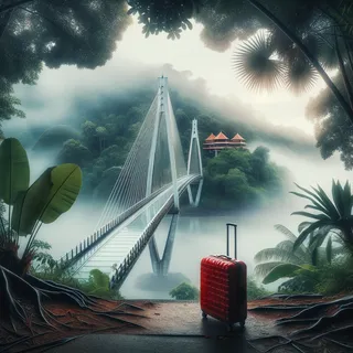 Тропическая природа и стеклянный мост на Пхукете, вид на мост в тумане, рядом стоит красный туристический чемодан, кинематографический стиль, без людей