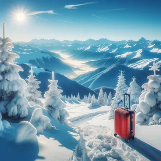 Заснеженные горы с красным туристическим чемоданом на колесиках у подножья, вдалеке виден яркий голубой зимний пейзаж