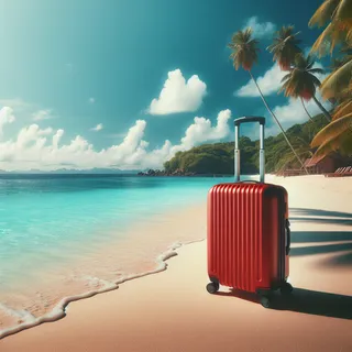 реалистичное изображение кинематографического стиля, красный туристический чемодан на колесиках стоит на песчаном пляже у бирюзового моря и тропических пальм