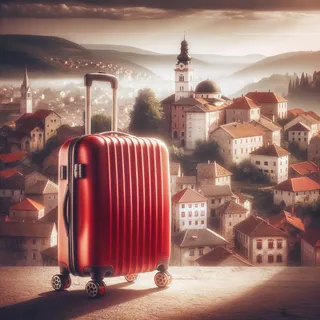Кинематографическое фото реалистичного красного туристического чемодана на колесиках, стоящего на фоне небольшого сербского города с историческими зданиями и романтическими пейзажами