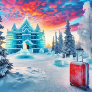 Ледяной отель в окружении заснеженных деревьев, колоритное зимнее небо над природным чудом, сияющий красный туристический чемодан на переднем плане у входа в отель