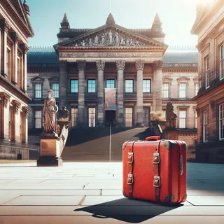 Музей на фоне старинных архитектурных зданий с красным туристическим чемоданом на переднем плане, стоящим на мощёной улице в ярких дневных светах