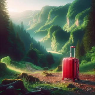 Изображение (не иллюстрация) только в очень реалистичном кинематографическом стиле. На изображении должен присутстовать красный туристический чемодан на колесиках. На изображении не должно быть людей.. Тема изображения: Национальные парки и заповедники Сербии