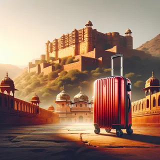 Изображение (не иллюстрация) только в очень реалистичном кинематографическом стиле. На изображении должен присутстовать красный туристический чемодан на колесиках. На изображении не должно быть людей.. Тема изображения: Удивительный Раджастхан: знакомство с Фортом Мехрангарх, Индия