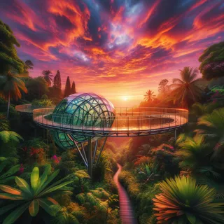 Стеклянный мост на фоне яркого заката, окруженный тропической растительностью