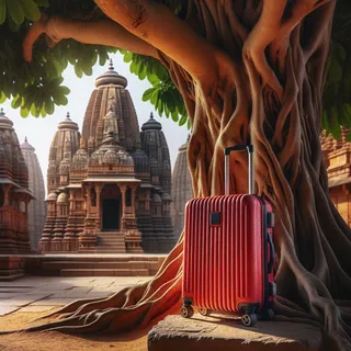 Красный туристический чемодан на колесиках стоит у священного дерева в окружении древних индийских храмов