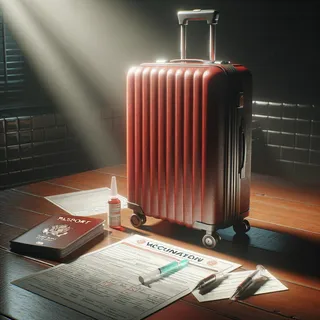 Изображение (не иллюстрация) только в очень реалистичном кинематографическом стиле. На изображении должен присутстовать красный туристический чемодан на колесиках. На изображении не должно быть людей.. Тема изображения: Обновленные требования к медицинским документам и вакцинации для въезда в США 