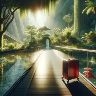 Реалистичный кинематографический вид стеклянного моста среди пышной зелени, утопающий в солнечных лучах, с ярко-красным туристическим чемоданом на колесиках на переднем плане