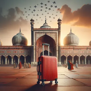 Изображение (не иллюстрация) только в очень реалистичном кинематографическом стиле. На изображении должен присутстовать красный туристический чемодан на колесиках. На изображении не должно быть людей.. Тема изображения: Джама Масджид: жемчужина исламской архитектуры в Дели