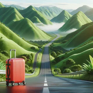 Реалистичное изображение зеленых гор, извилистой дороги, ведущей в даль, на обочине стоит красный туристический чемодан на колесиках