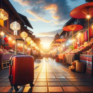 Солнечный вечер в Чиангмае, живописная улица, на которой развернулся ночной рынок, полный ярких палаток, светящихся фонарей и товаров ручной работы. На переднем плане красный туристический чемодан на колесиках стоит рядом с разнообразными товарами, создавая атмосферу настоящего туристического шопинга.
