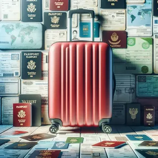 Реальный стиль изображения красного туристического чемодана на фоне документов и визовой карты