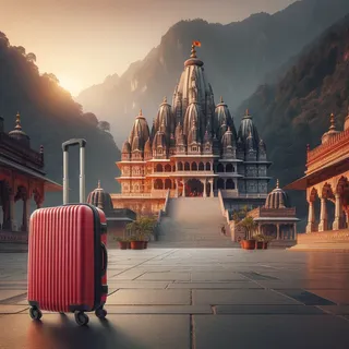 Реалистичная кинематографическая фотография красного туристического чемодана на колесиках, стоящего перед величественным храмом в Дехрадуне