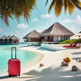 Роскошный курорт на острове Вилингили с белым песком, бирюзовой водой и красным туристическим чемоданом на колесиках, стоящим на пляже