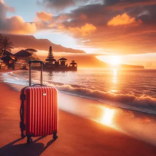 Восход солнца над балийским пляжем, позади которого виднеются горы, на переднем плане яркий красный туристический чемодан на колесиках