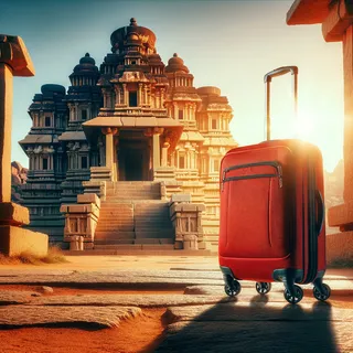 Красный туристический чемодан на колесиках на фоне руин внушительного храма в Хампи, который освещен закатным солнцем. Картинка насыщена цветами и очень реалистична