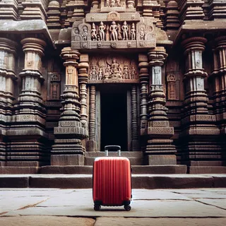 Картинка красного туристического чемодана на фоне входа в храм Trayambakeshwar, без людей