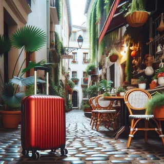 Фотография вида на небольшую улочку с кафе, украшенным пальмовыми листьями и зеленью, на переднем плане красный чемодан на колесиках