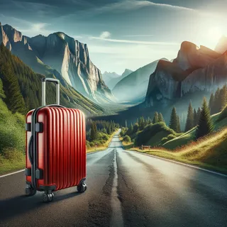 Реалистичное кинематографическое изображение красного туристического чемодана на колесиках на фоне живописной горной дороги