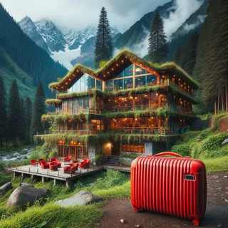 Красный туристический чемодан перед эко-отелем в горной местности Манали, окружённый зелеными лесами и величественными Гималаями
