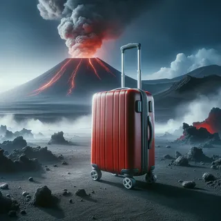 Реалистичное изображение красного туристического чемодана на колесиках, стоящего на фоне вулканического пейзажа с дымищими кратерами
