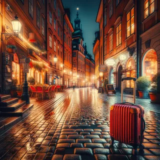 Стокгольмский старый город ночью, красный туристический чемодан на колесиках в центре улицы, мокрая брусчатка блестит от света фонарей