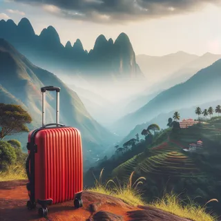 На фоне живописных горных районов Западных Гат стоит красный туристический чемодан на колесиках
