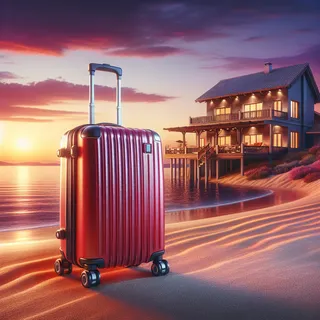 красный туристический чемодан на колесиках возле виллы на пляже на закате, очень реалистичный стиль, кинематографическое качество