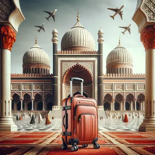 Реалистичное изображение красного туристического чемодана на колесиках на фоне Джама Масджид 