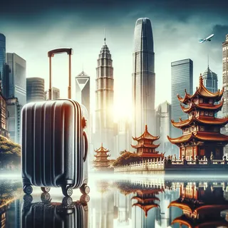 Кинематографическое изображение туристического чемодана на колесиках на фоне зданий азиатского города