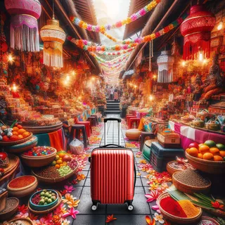Фотография красного чемодана с колесиками на фоне красочных балийских рынка с сувенирами и ароматными специями
