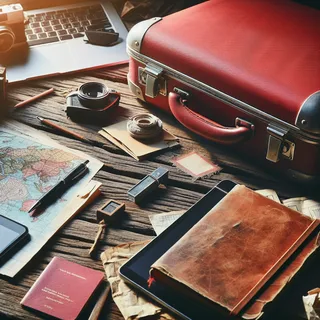 На фоне рабочего стола лежит красный туристический чемодан, рядом с которым видны документы, карты и канцелярские принадлежности