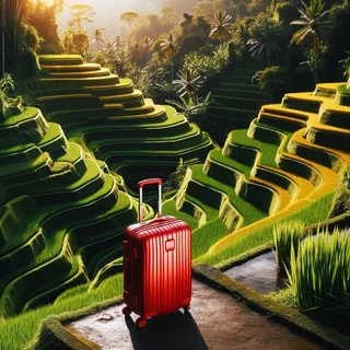 Рисовые террасы Тегалаланг, солнечное утро, красный туристический чемодан на колесах стоит на фоне террас, сложенных зелеными уступами