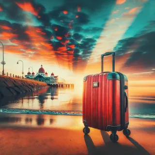 Изображение кинематографического стиля с красным туристическим чемоданом на колесиках, стоящим на фоне утреннего пляжа Марина в Ченнаи