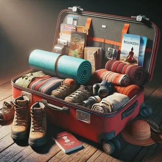 Изображение (не иллюстрация) только в очень реалистичном кинематографическом стиле. На изображении должен присутстовать красный туристический чемодан на колесиках. На изображении не должно быть людей.. Тема изображения: Что взять с собой в Ришикеш: список необходимых вещей